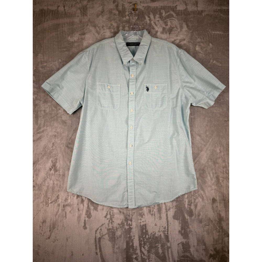 US Polo Assn. Mens Short Sleeve Button Up Shirt Light Green Checkered Casual XL